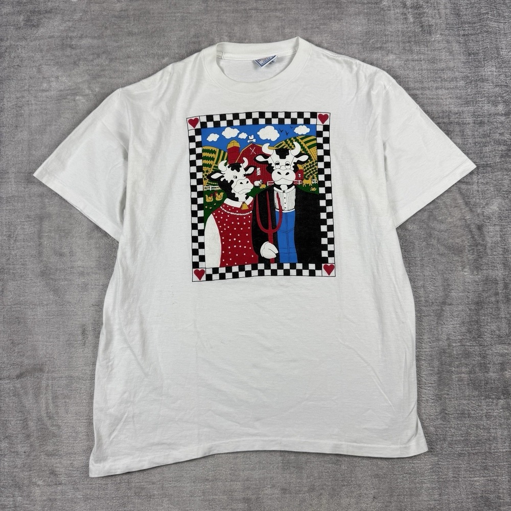 Vintage‎ Cow Shirt Men XL White Family Portrait Farmer Puff Print Single Stitch